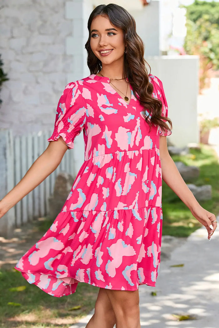 Pink Abstract Printed Puff Short Sleeve Tiered Loose Dress - Dresses/Mini Dresses