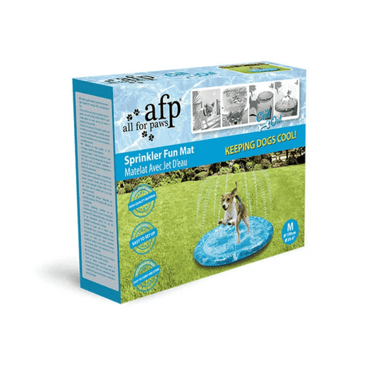 White background with a All for Paws Medium Sprinkler Mat in a box with a dog pictured on the box playing on the blue sprinkler mat.