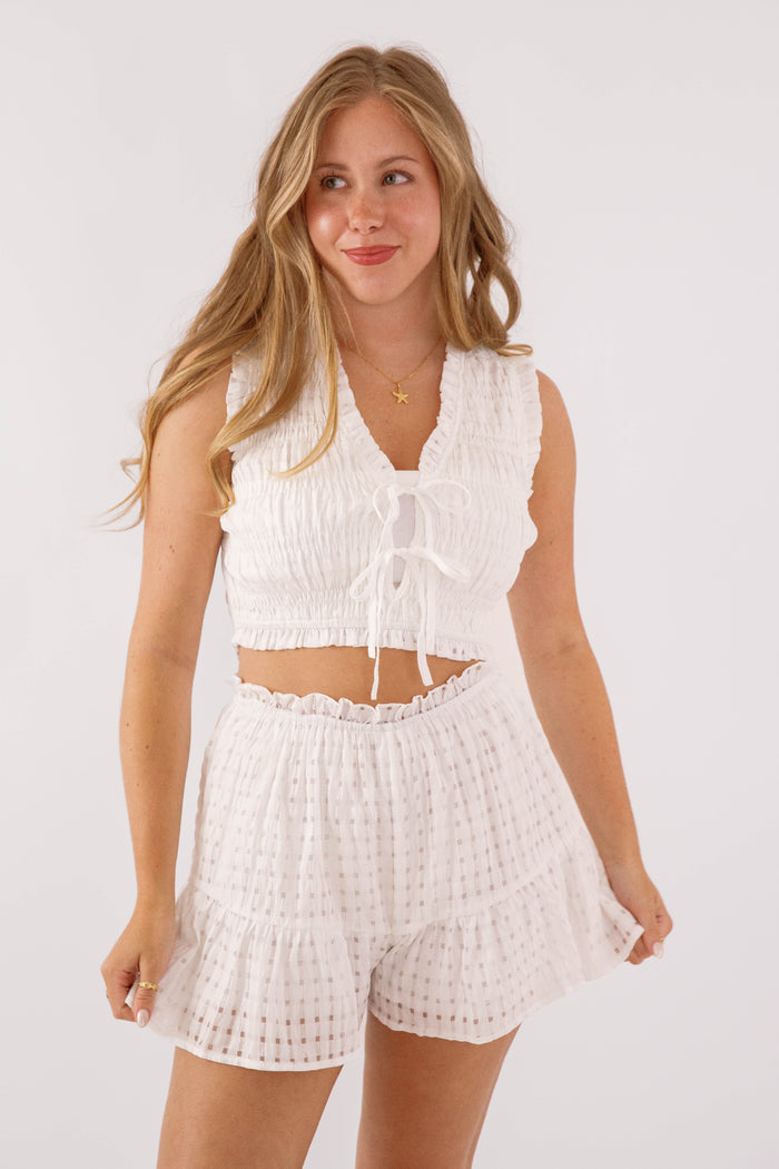 White Textured Ruffle Shorts – High Waisted Smocked Waist Summer Shorts