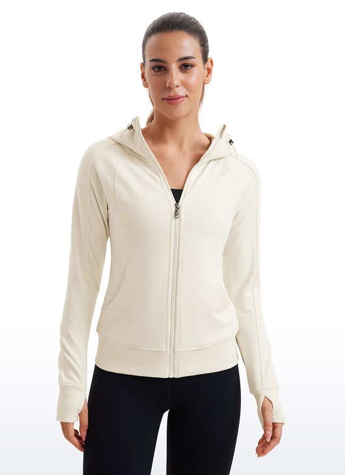 CRZ YOGA Women's Slim Fit Outerwear Amenity Full Zip Hoodies Thumb Holes White Apricot