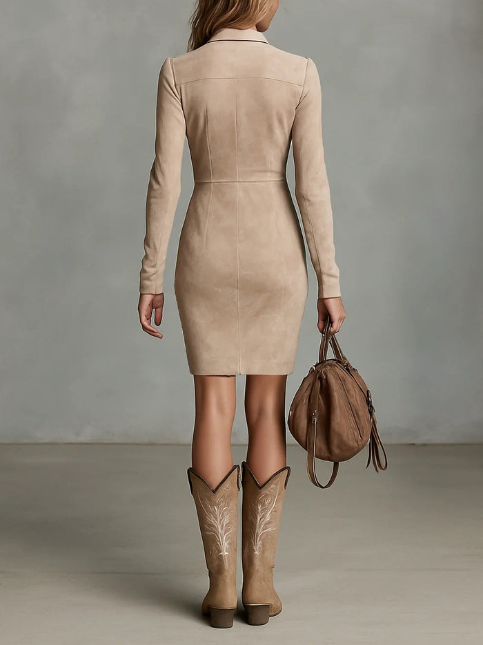 Arawen Beige Slim Suede Neck Floral Lapel Midi Dress