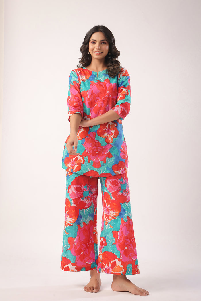 Artistic Bloom Cotton Palazzo Loungewear Set