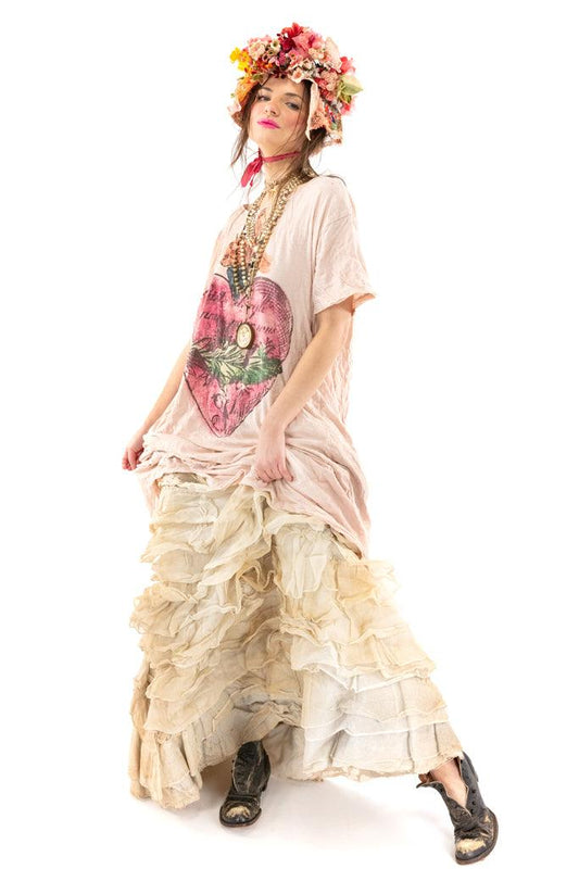 Magnolia Pearl whimsical pink heart dress, vintage ruffled skirt, floral crown, artisan style