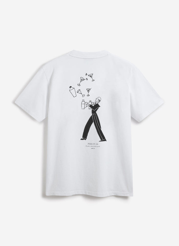 The back of the Percival Bartender oversized t-shirt in white, featuring a black illustration of a juggling bartender.