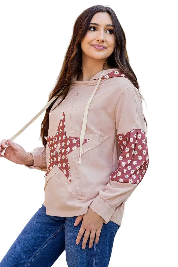 Shop Beau Blue Floral Patchwork Star Pattern Drawstring Hoodie at eAura
