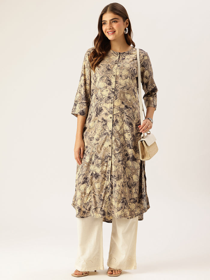 Beige Abstract Printed A - Line Kurta