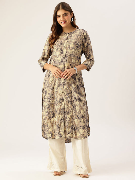 Beige Abstract Printed A - Line Kurta