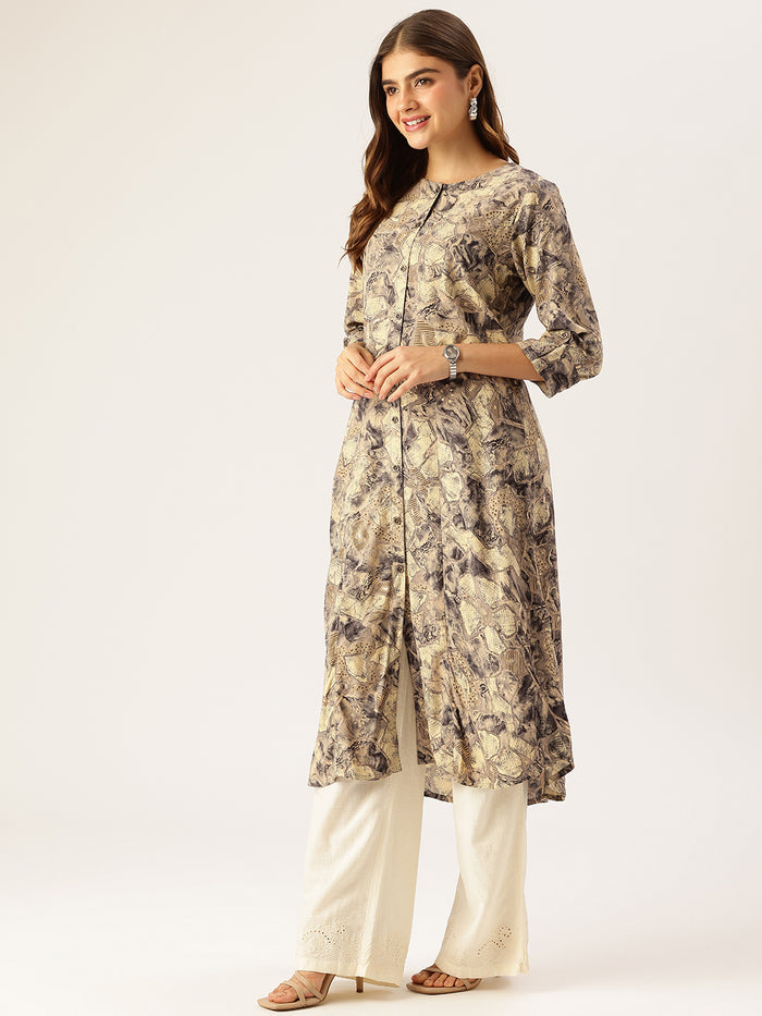 Beige Abstract Printed A - Line Kurta