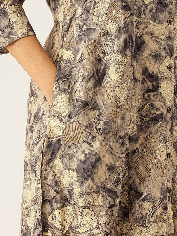 Beige Abstract Printed A - Line Kurta