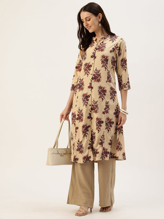 Beige Floral Jaal Printed A-Line Kurta
