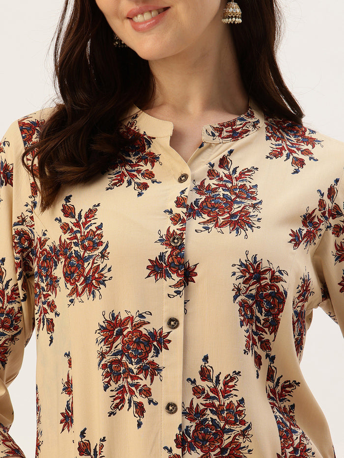 Beige Floral Jaal Printed A-Line Kurta