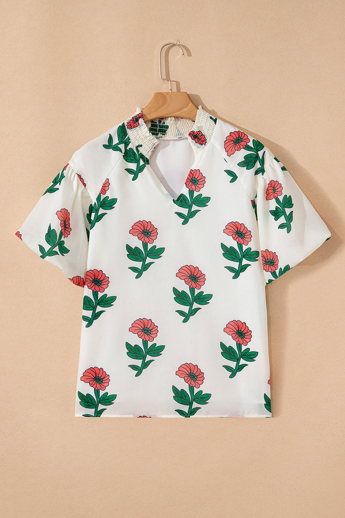 Beige Floral Print Shirred Split Neck Short Sleeve Blouse - Tops/Blouses & Shirts