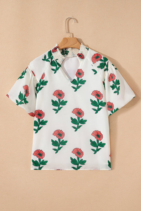 Beige Floral Print Shirred Split Neck Short Sleeve Blouse - Tops/Blouses & Shirts