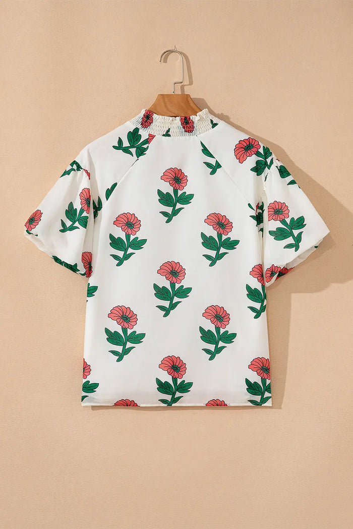Beige Floral Print Shirred Split Neck Short Sleeve Blouse - Tops/Blouses & Shirts