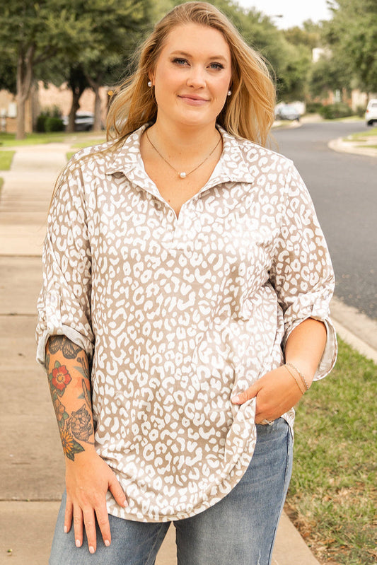Beige Leopard Tab Sleeve V Neck Plus Size Top - APRICOT / 1X / 95% POLYESTER + 5% ELASTANE - Size/Plus Tops/Plus