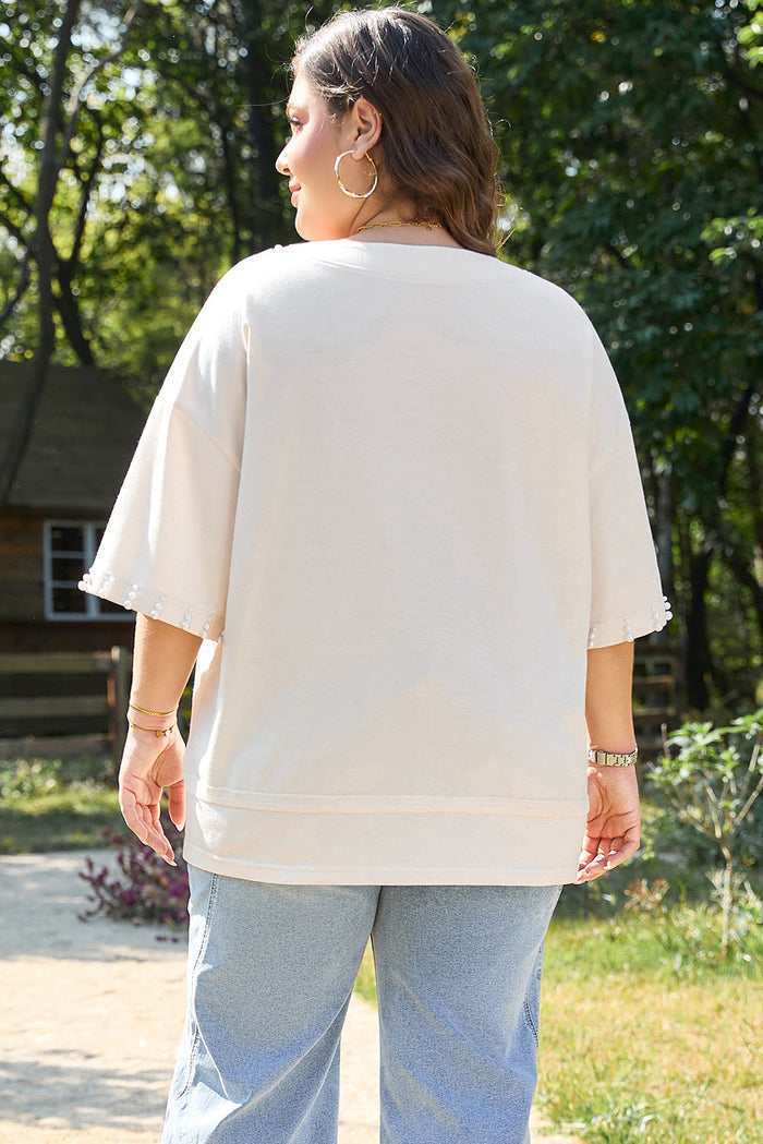 Beige Pearl Decor Crew Neck Half Sleeve Plus Size T Shirt - Size/Plus Tops/Plus Tops & Tees