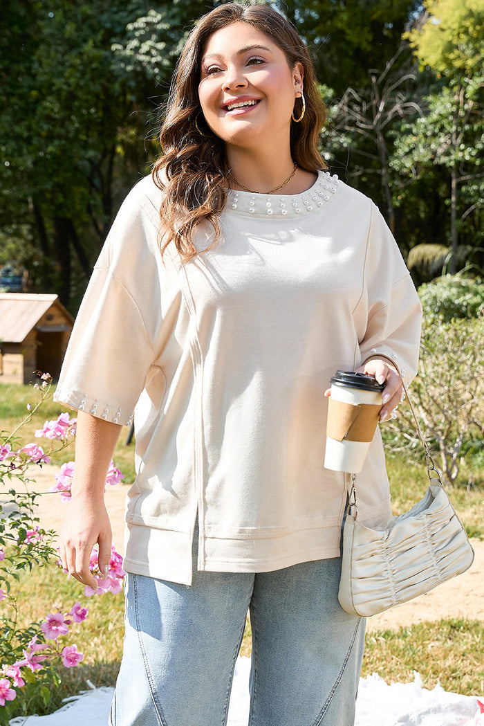 Beige Pearl Decor Crew Neck Half Sleeve Plus Size T Shirt - Size/Plus Tops/Plus Tops & Tees