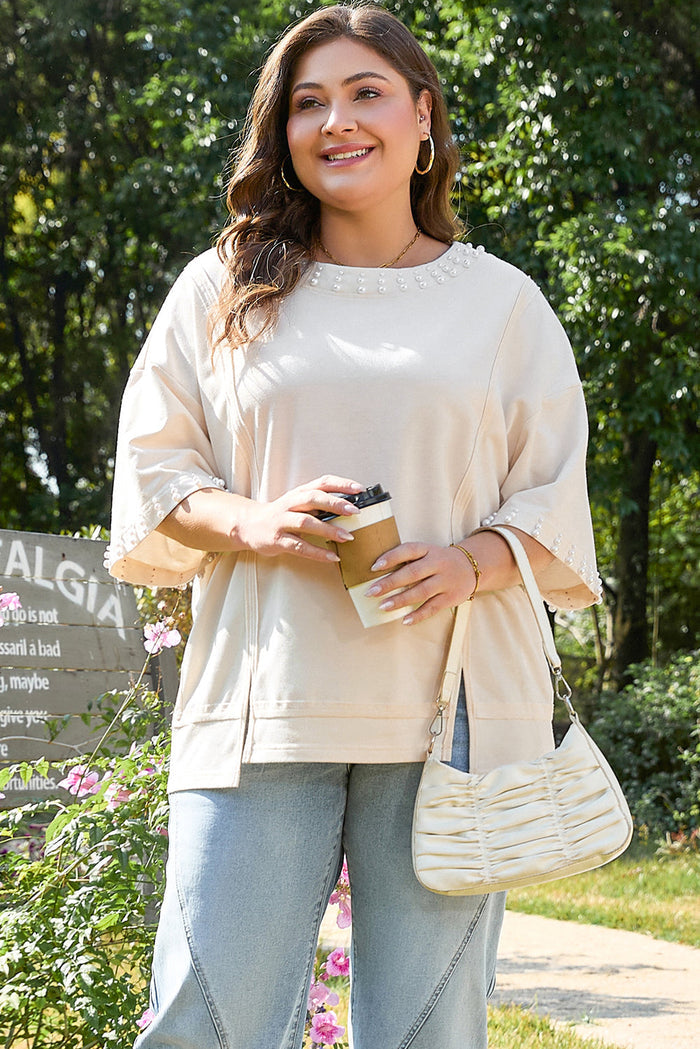 Beige Pearl Decor Crew Neck Half Sleeve Plus Size T Shirt - Size/Plus Tops/Plus Tops & Tees