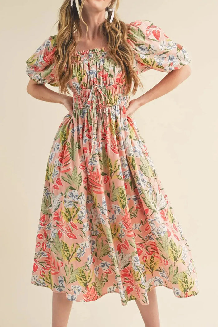 Beige Pink Floral Smocked Bust Bubble Short Sleeve Maxi Dress - Apricot / S / 100% Polyester - Dresses/Maxi Dresses