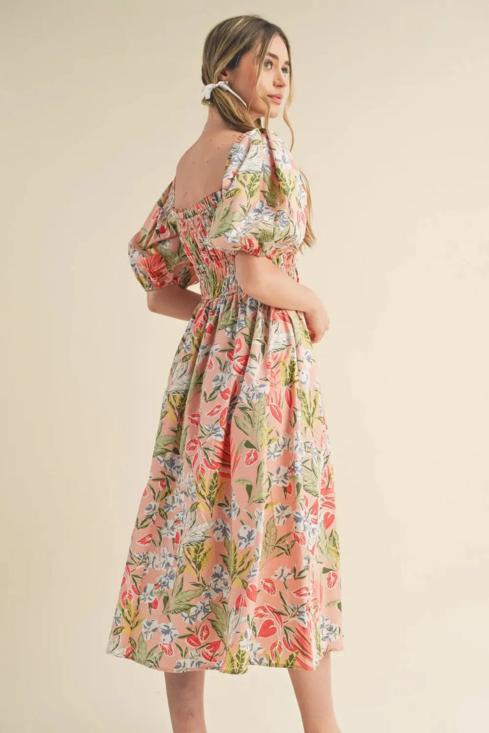 Beige Pink Floral Smocked Bust Bubble Short Sleeve Maxi Dress - Dresses/Maxi Dresses