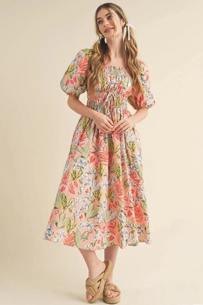 Beige Pink Floral Smocked Bust Bubble Short Sleeve Maxi Dress - Dresses/Maxi Dresses