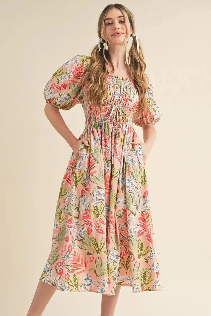 Beige Pink Floral Smocked Bust Bubble Short Sleeve Maxi Dress - Dresses/Maxi Dresses