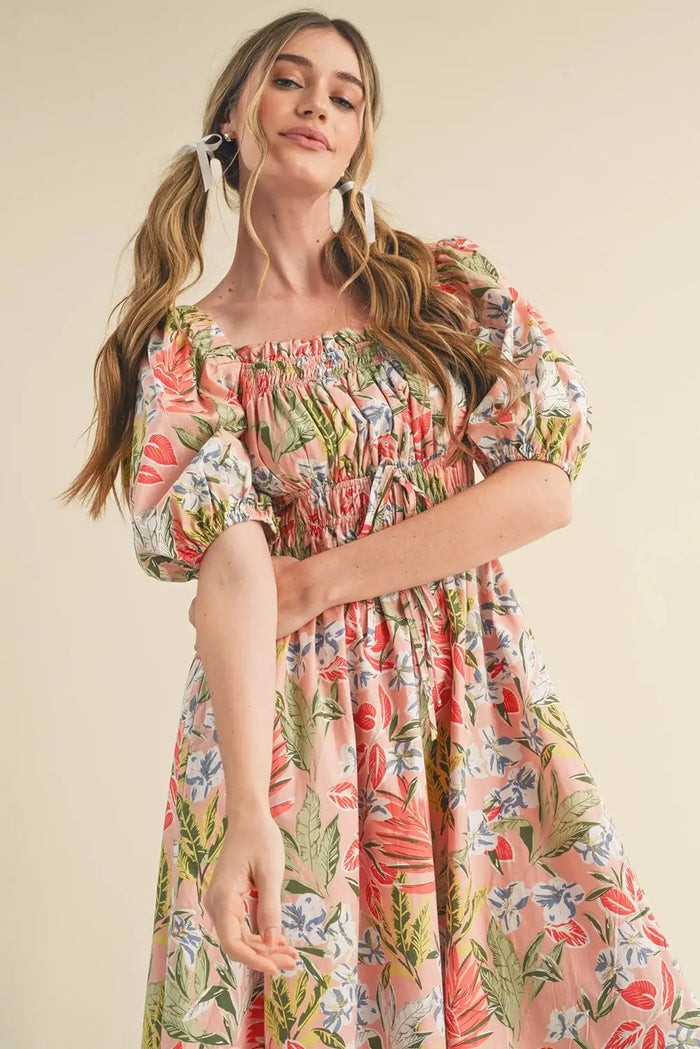 Beige Pink Floral Smocked Bust Bubble Short Sleeve Maxi Dress - Dresses/Maxi Dresses