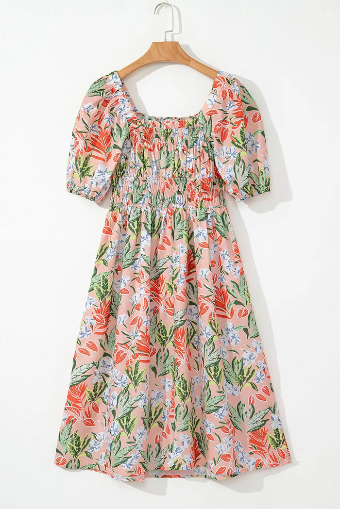 Beige Pink Floral Smocked Bust Bubble Short Sleeve Maxi Dress - Dresses/Maxi Dresses