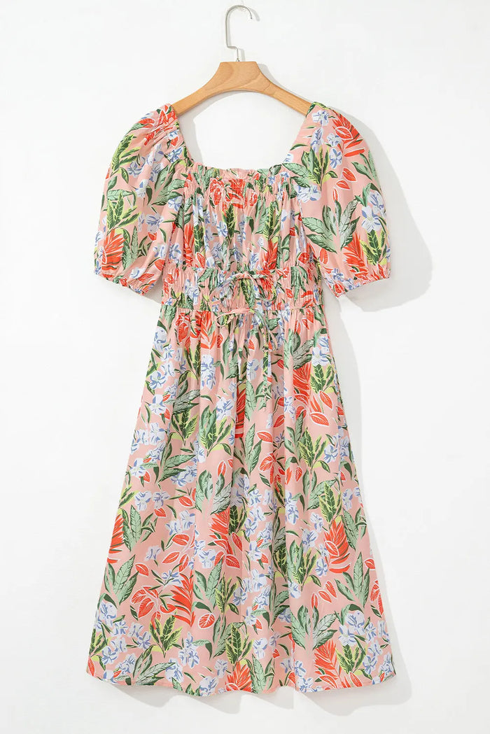 Beige Pink Floral Smocked Bust Bubble Short Sleeve Maxi Dress - Dresses/Maxi Dresses