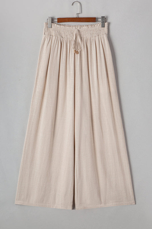 Beige Smocked High Waist Wide Leg Plus Size Trousers - BEIGE / 1X / 80% VISCOSE + 20% LINEN - Size/Plus Bottoms