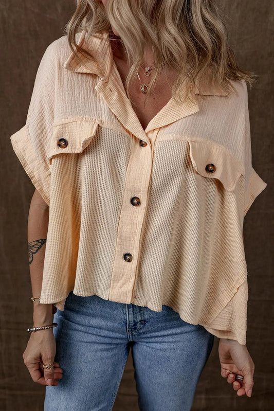 Beige Waffle Short Batwing Sleeve Flap Detail Wide Shirt - S / 75% Polyester + 25% Cotton - Tops/Blouses & Shirts