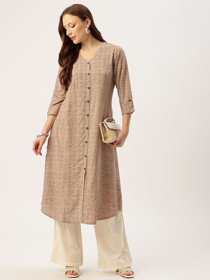 V- neck Kurta, A-line Kurta, Printed Kurta