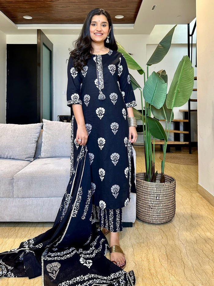 Black and White Boota Cotton Suit