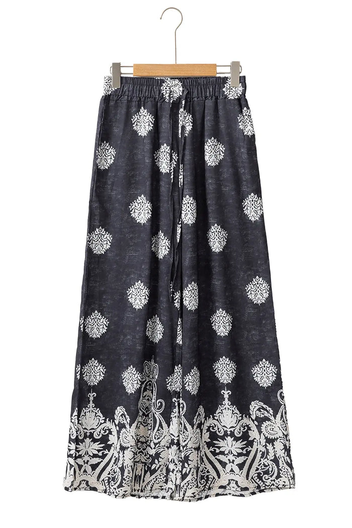 Black Bohemian Printed Drawstring Waist Wide Leg Trousers - Bottoms/Pants & Culotte