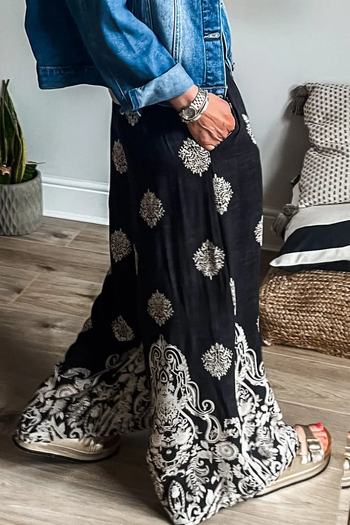Black Bohemian Printed Drawstring Waist Wide Leg Trousers - Bottoms/Pants & Culotte