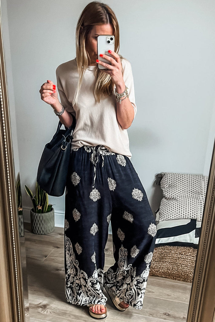 Black Bohemian Printed Drawstring Waist Wide Leg Trousers - Bottoms/Pants & Culotte