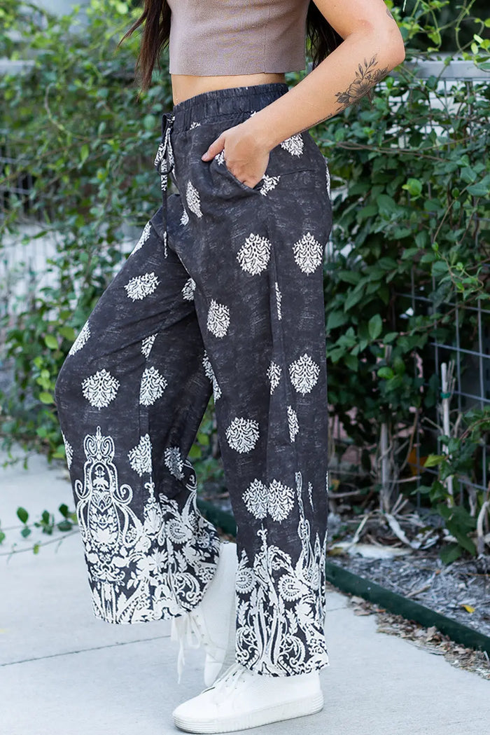 Black Bohemian Printed Drawstring Waist Wide Leg Trousers - Bottoms/Pants & Culotte