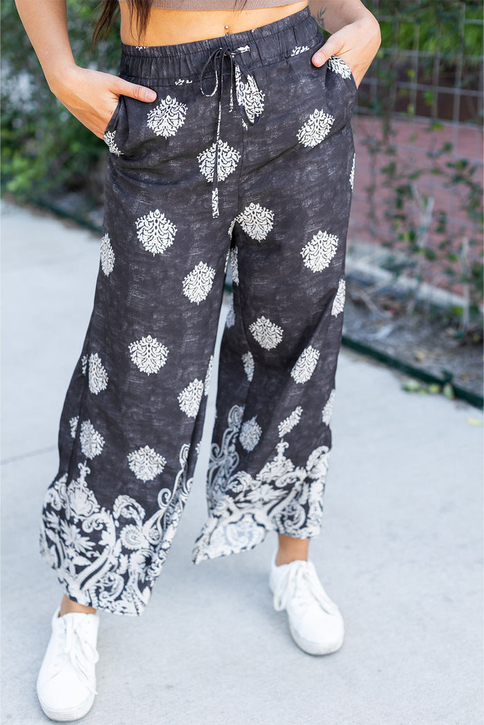 Black Bohemian Printed Drawstring Waist Wide Leg Trousers - Bottoms/Pants & Culotte