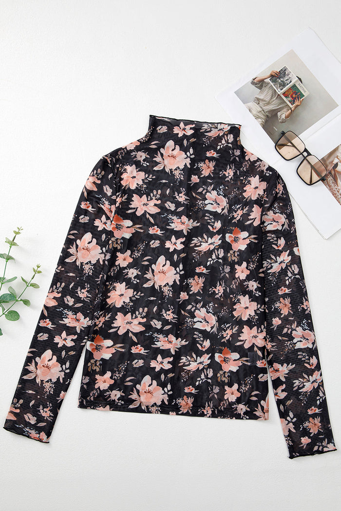 Black Floral Mesh Mock Neck Long Sleeve Slim Fit Top - Tops/Long Tops