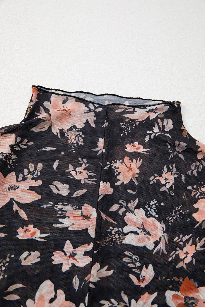 Black Floral Mesh Mock Neck Long Sleeve Slim Fit Top - Tops/Long Tops