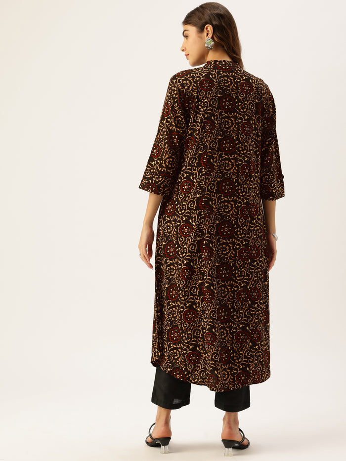 Black Floral Printed Mandarin Collar Straight Kurta