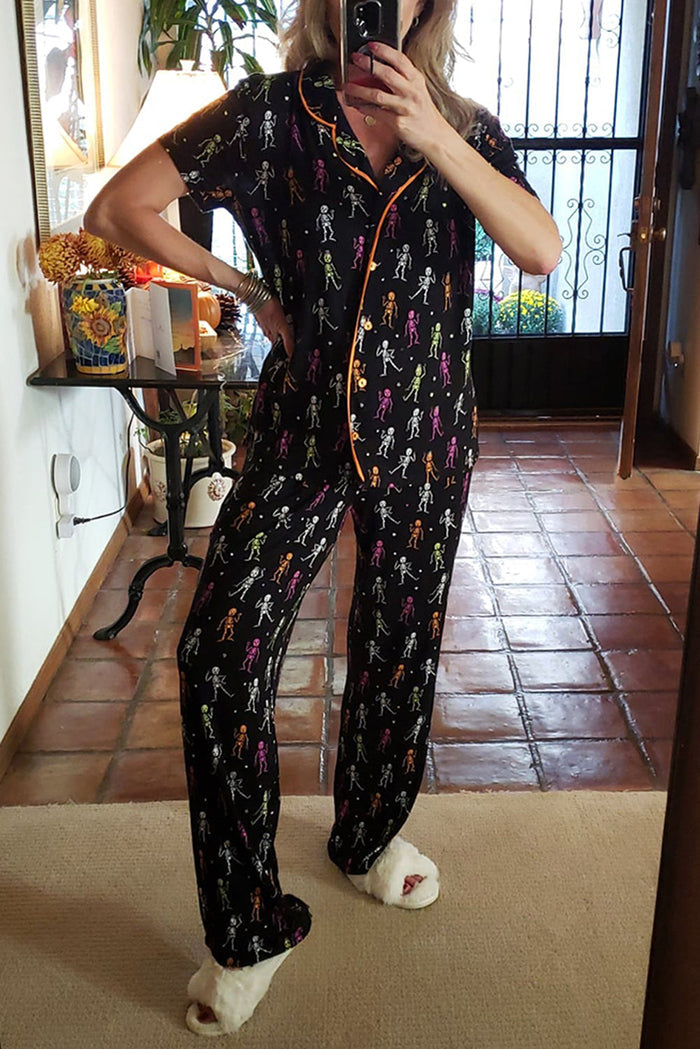 Black Halloween Pattern Short Sleeve Shirt Pyjama Set - Loungewear & Sleepwear/Sleepwear