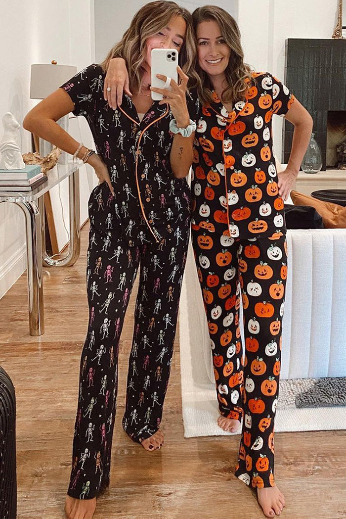 Black Halloween Pattern Short Sleeve Shirt Pyjama Set - Loungewear & Sleepwear/Sleepwear