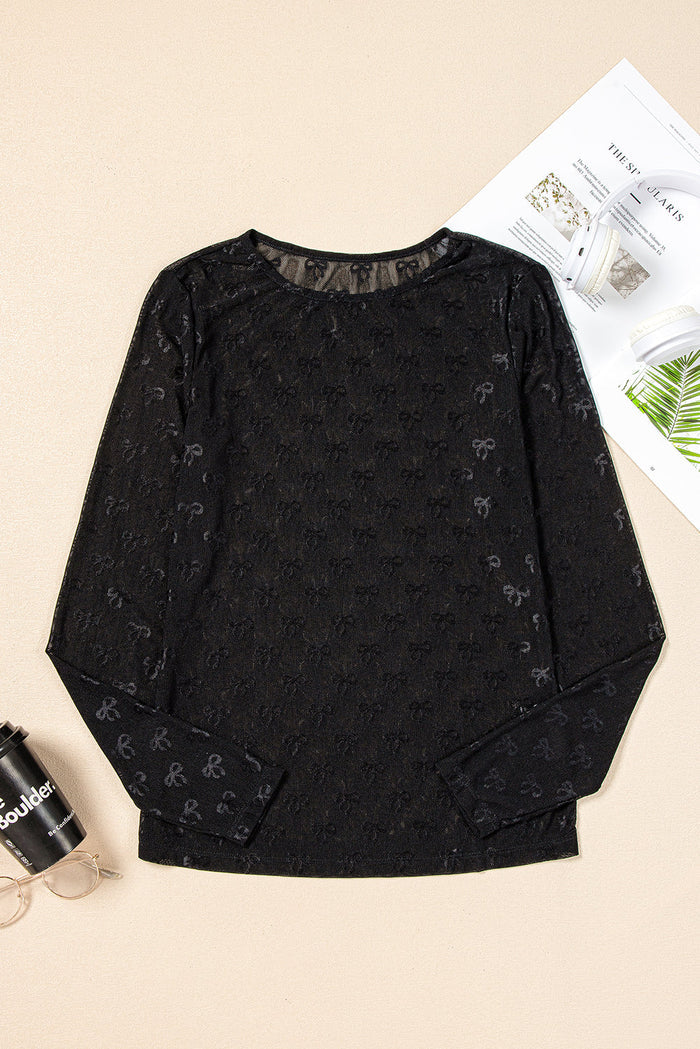Black Mesh Bow Pattern Long Sleeve Top - BLACK / S / 88% POLYAMIDE + 12% ELASTANE - Tops/Long Tops