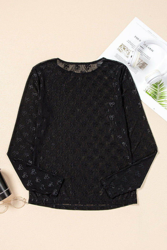 Black Mesh Bow Pattern Long Sleeve Top - Tops/Long Tops