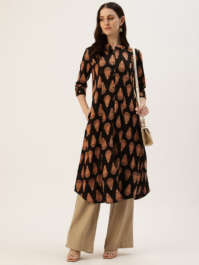 Black Printed A-Line Kurta