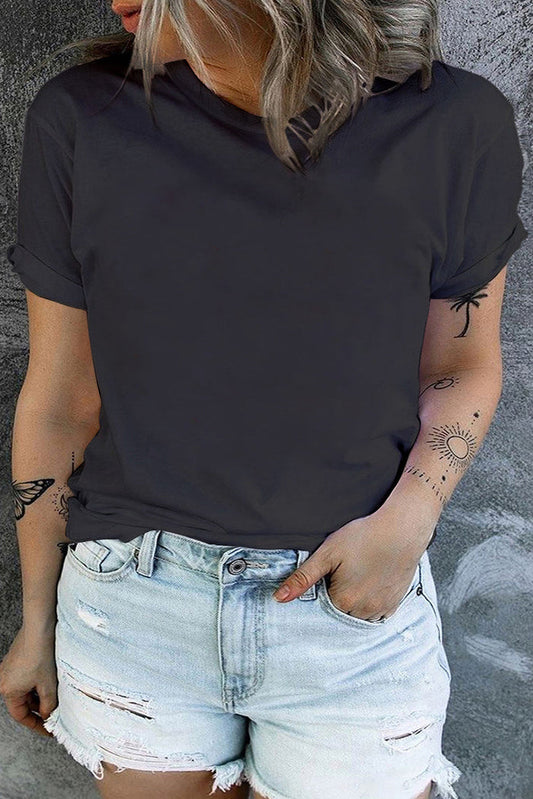 Black Round Neck Rolled Sleeve Plus Size T-shirt - BLACK / 1X / 65% POLYESTER + 30% VISCOSE + 5% ELASTANE - Size/Plus