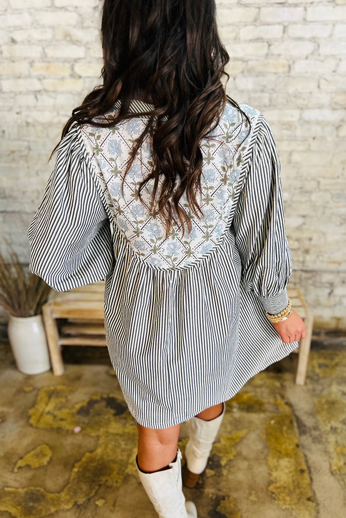 Black Stripe Floral Patchwork Tied V Neck Shift Long Sleeve Mini Dress - Dresses/Mini Dresses