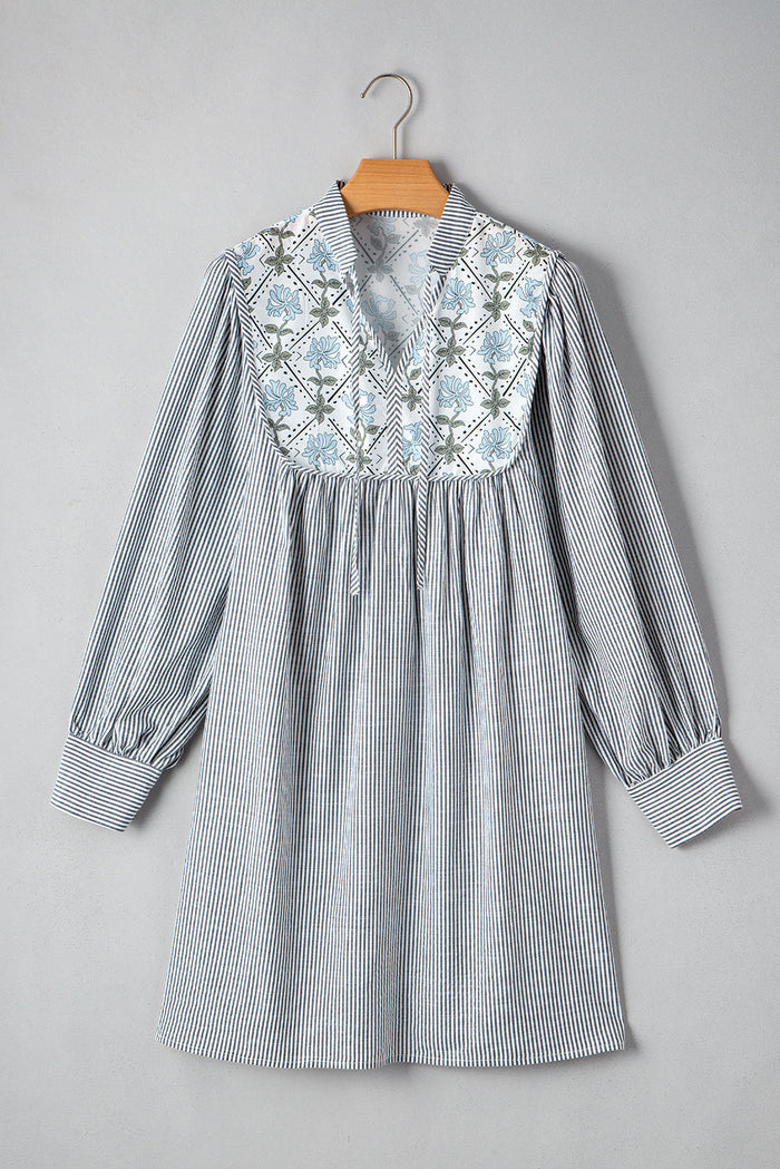 Black Stripe Floral Patchwork Tied V Neck Shift Long Sleeve Mini Dress - Dresses/Mini Dresses