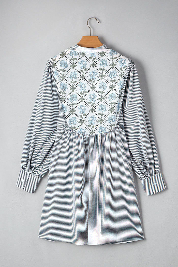 Black Stripe Floral Patchwork Tied V Neck Shift Long Sleeve Mini Dress - Dresses/Mini Dresses